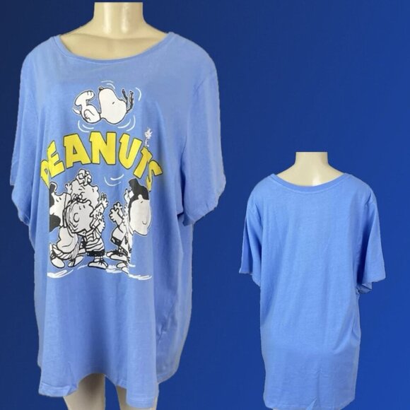 Peanuts +3X Blue Charlie Brown Gang Tossing Snoopy Graphic Crew Short Sleeve Tee - Picture 1 of 6